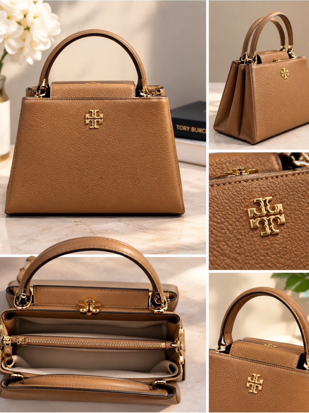 Tory Burch Camel Brown Pebbled Leather Top-Handle Satchel